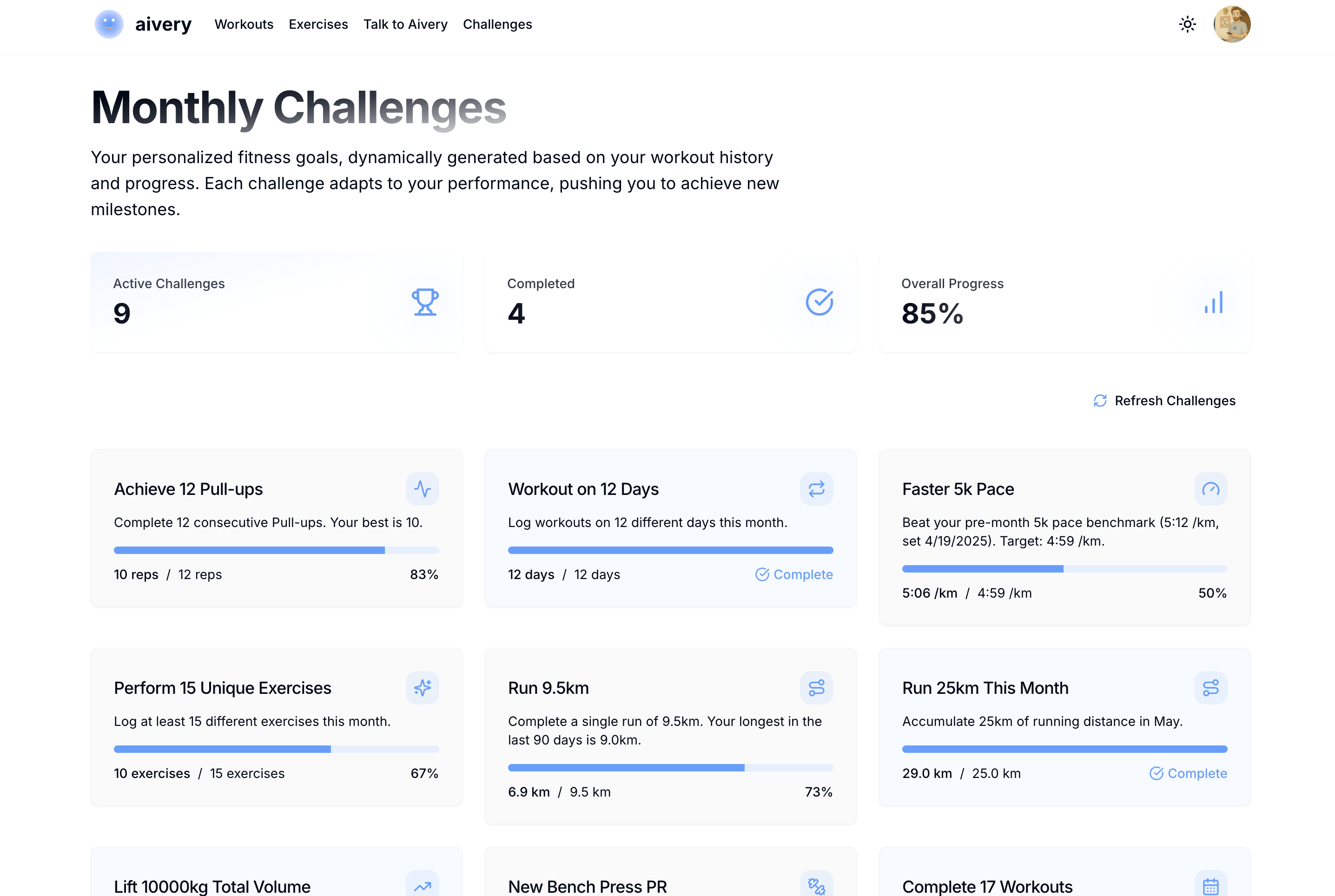 Aivery monthly challenges interface showing various workout goals